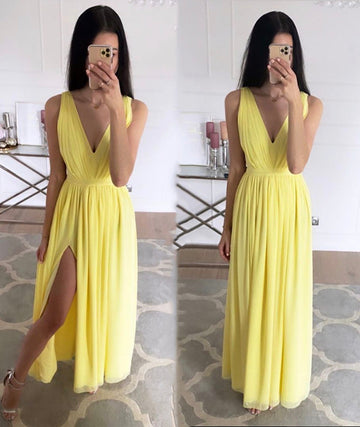 Yellow chiffon long prom dress simple evening dress HZ1023